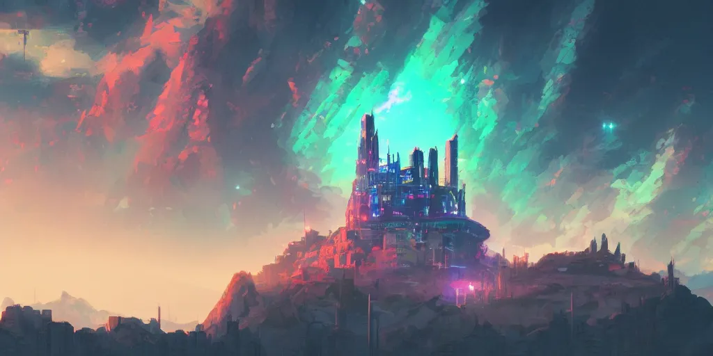 Prompt: stone castle in the style of cyberpunk and a glow ontop of a mountain, space sky, anime illustration,