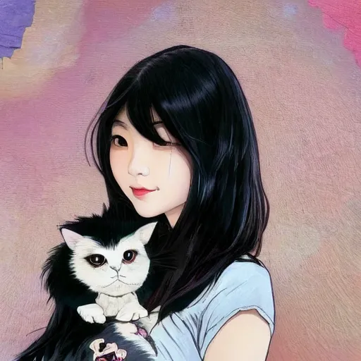 Image similar to cute emo taiwanese woman, with long dark hair, thick eyebrows!!! dark eyes and dark circles!, wide nose!!!, big eyes, oval face shape, big cheeks!, she is holding a cat in her arms, by juan villafuerte, greg rutkowski and alphonse mucha, pexels contest winner, high quality photo, hd rtx