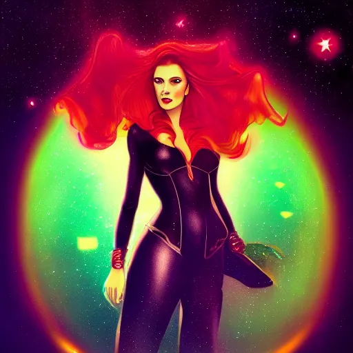 Image similar to a beautiful Scarlett witch, floating in space, neon, stars, galaxy, HDR, dreamscape, dramatic lighting, fantasy art illustration, trending on artstation, Aetherpunk