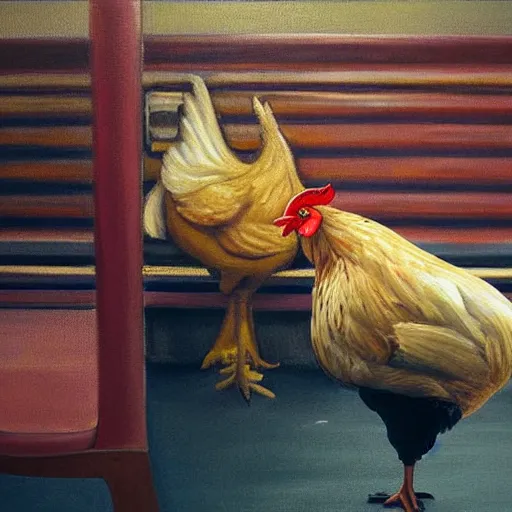 Image similar to a beautiful painting of a chicken sitting in a subway seat, rutkowski, realism, cinematic lighting