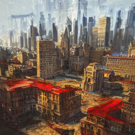 Image similar to realistic landscape painting of big city with buildings all stained with blood,made by Michaelangelo, physical painting, Sharp focus,digital art, bright colors,fine art, trending on Artstation, unreal engine.