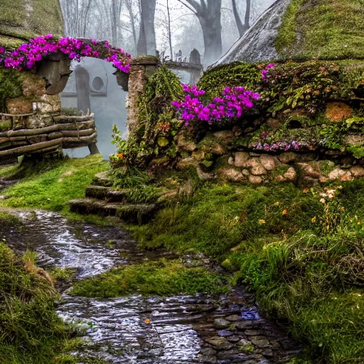 Prompt: spring at medieval hobbit village, ornate, beautiful, atmosphere, vibe, mist, smoke, fire, chimney, rain, wet, pristine, puddles, melting, dripping, snow, creek, lush, ice, bridge, green, stained glass, forest, roses, flowers, color page, 4 k, contest winner