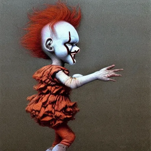 Image similar to cute young pennywise the dancing clown by beksinski