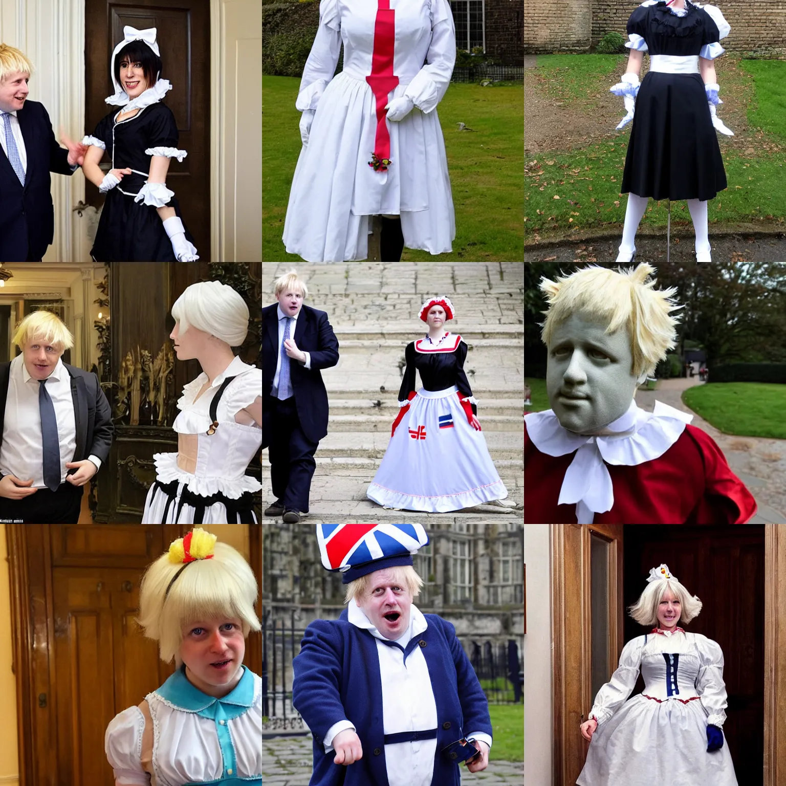 Prompt: a maid costume worn by surprised boris johnson