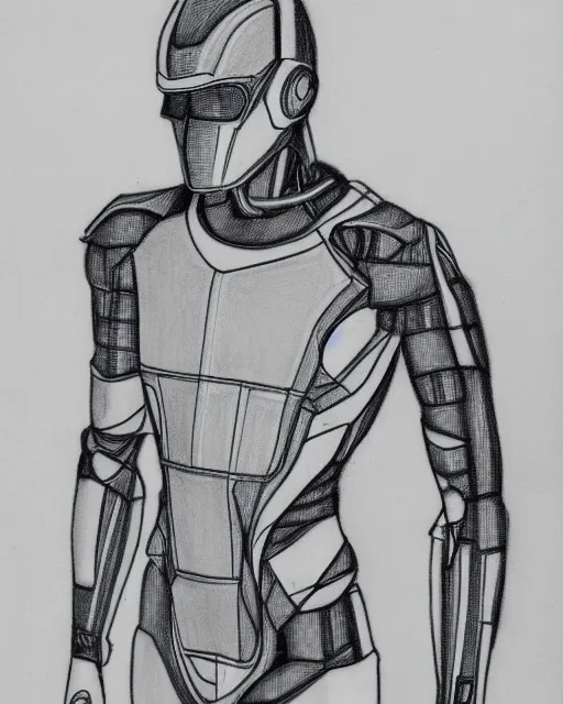 Image similar to pencil drawing of a male cyborg, monochrome, technical drawing, blueprints, grid paper