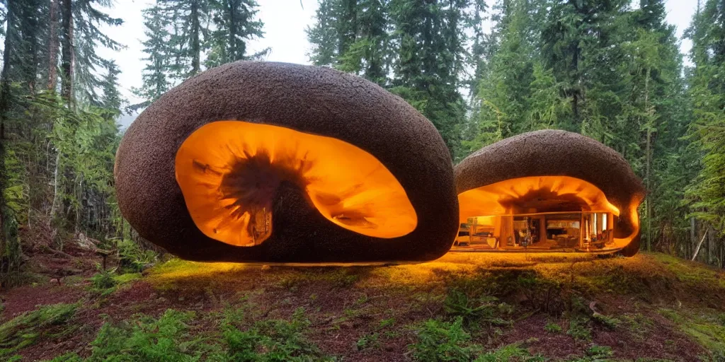 Image similar to cozy residence made from an enormous amantia mushroom, pacific northwest