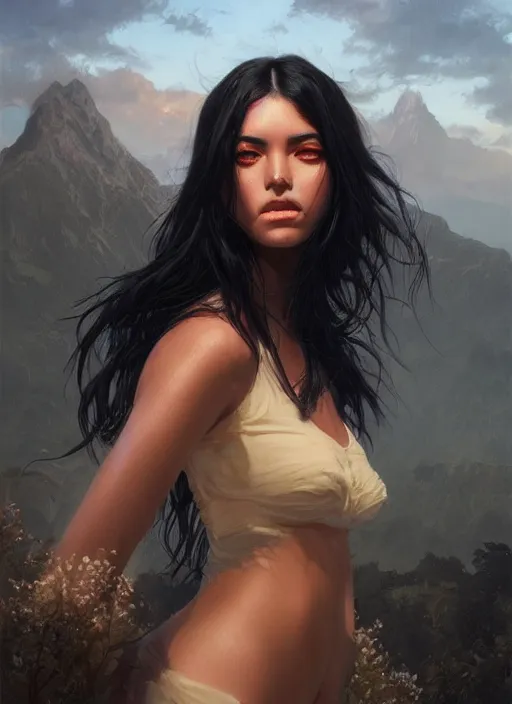 Prompt: girl with iridescent black hair, beautiful highly detailed face, complementary lighting, backlit, eyeshadow, divine, dramatic lighting, landscape background, beautiful painting by artgerm and greg rutkowski and raymond swanland