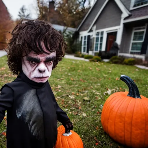 Image similar to peter dinklage trick or treating on halloween, ( sony a 7 r iv, symmetric balance, polarizing filter, photolab, lightroom, 4 k, dolby vision, photography awardm, voque, perfect face )