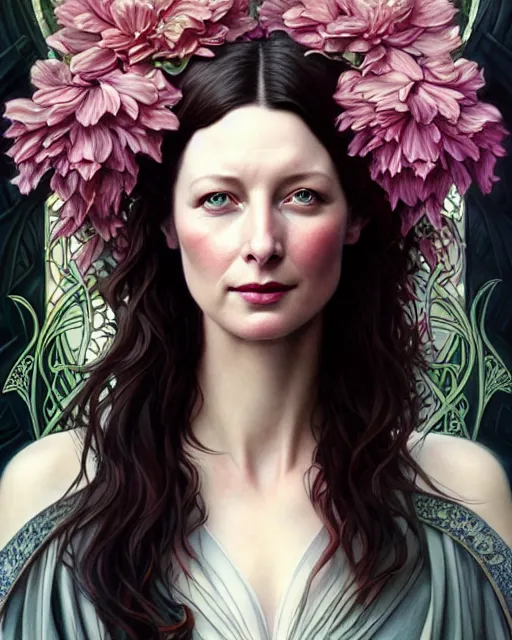 Image similar to beautiful and playful ethereal caitriona balfe ( outlander ) portrait, art nouveau, fantasy, intricate flower designs, elegant, highly detailed, sharp focus, art by artgerm and greg rutkowski and wlop