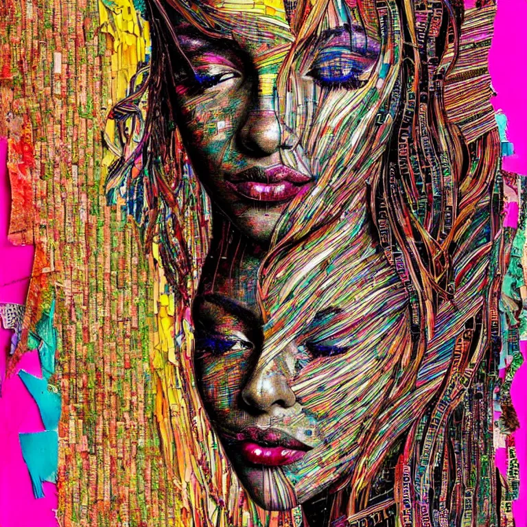 Image similar to beautiful anima girl lost in colors artwork by el anatsui and carne griffiths