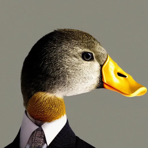 Image similar to a high detail photo of a man with a duck's head wearing a suit, antropomorphic, photorealism