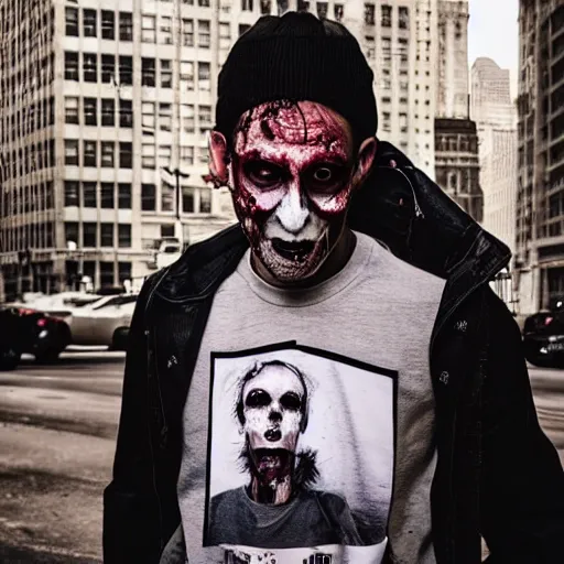 Image similar to a zombie walking through chicago wearing streetwear, polaroid photograph