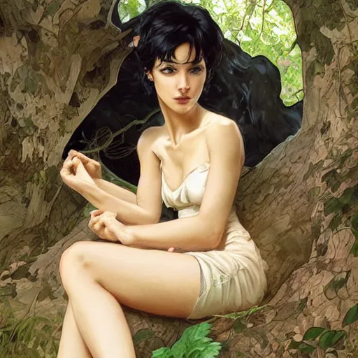 Prompt: woman resting at base of large tree, short black hair, tan skin, wide hips, sharp focus, intricate, smooth, highly detailed, depth, elegant, by artgerm, greg rutkowski, alphonse mucha