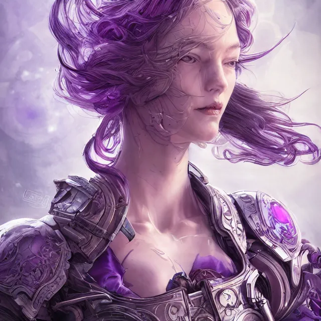 Image similar to close facial portrait of a pale woman in sci - fi armor with a flowing purple, elegant, stoic, intense, ultrafine hyperdetailed illustration by kim jung gi, irakli nadar, intricate linework, sharp focus, bright colors, octopath traveler, final fantasy, hearthstone, highly rendered, global illumination, radiant light, detailed, intricate environment