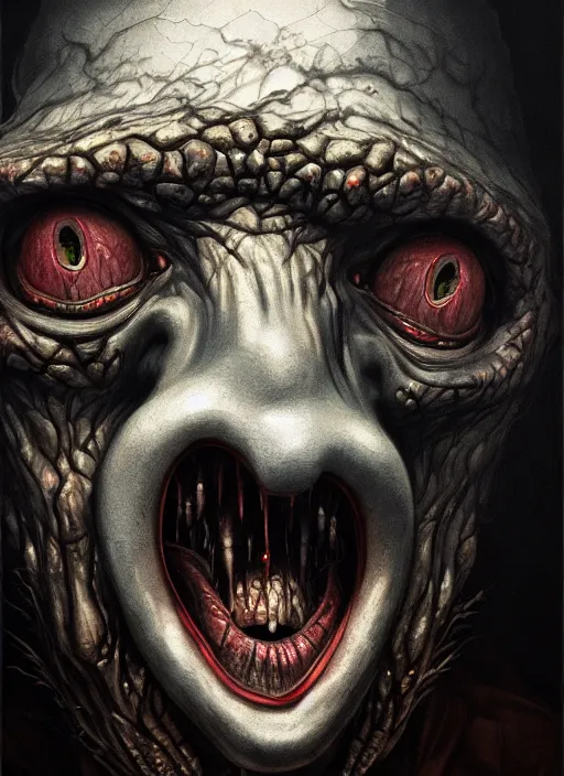 Prompt: close up portrait of a monster in the sinister valley of despair, one mouth, one nose, two eyes, oil painting by tomasz jedruszek, cinematic lighting, pen and ink, intricate line, hd, 4 k, million of likes, trending on artstation