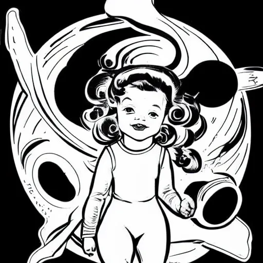 Image similar to clean simple line art of a little girl with wavy curly hair floating in space. she is an astronaut, wearing a space suit. white background. well composed, clean black and white line drawing, beautiful detailed face. illustration by steve ditko and jack kirby and alphonse mucha