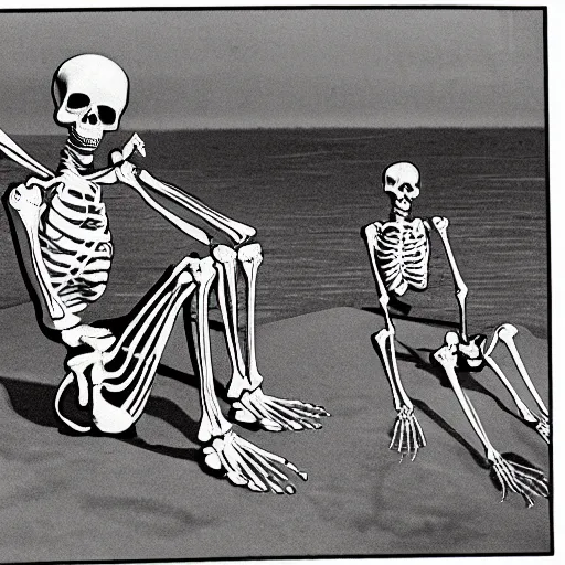 Prompt: a cool anatomical skeleton eating raman at long beach, high noon