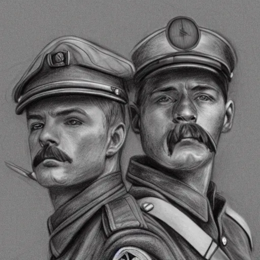 Image similar to a very detailed pencil drawing of a german soldier and a soviet soldier 4 k, high resolution, still, landscape, hd, dslr, hyper realistic, sketch