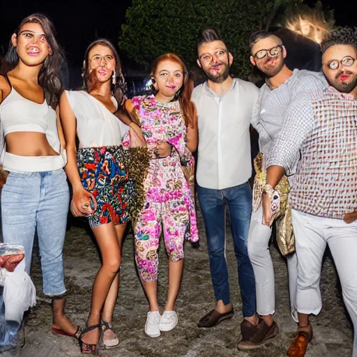 Image similar to a group of people are dressed in similiar fashion in an outdoor party in italy, wide lens shot, 3 0 mm, f 2. 8, concept party, themed object, high quality hd 8 k flash photography