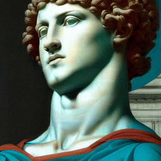 Prompt: Vaporwave composition of head of David by Michelangelo on a checkerboard floor against a turquoise sky