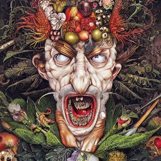 Image similar to portrait of crazy giuseppe arcimboldo, symmetrical, by yoichi hatakenaka, masamune shirow, josan gonzales and dan mumford, ayami kojima, takato yamamoto, barclay shaw, karol bak, yukito kishiro