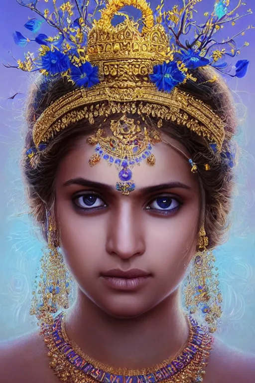 Image similar to a pale Indian girl with golden hair, floral crown, sad blue eyes, cinematic lighting, ultra detailed, highly detailed, sharp focus, golden background with flowers, golden jewellery with blue sapphires, photographic, art by artgerm and greg rutkowski and zdislav beksinski