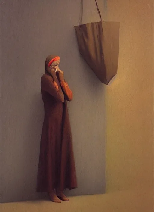 Image similar to woman with a paper bag over the head and a sward Edward Hopper and James Gilleard, Zdzislaw Beksinski, Steven Outram highly detailed