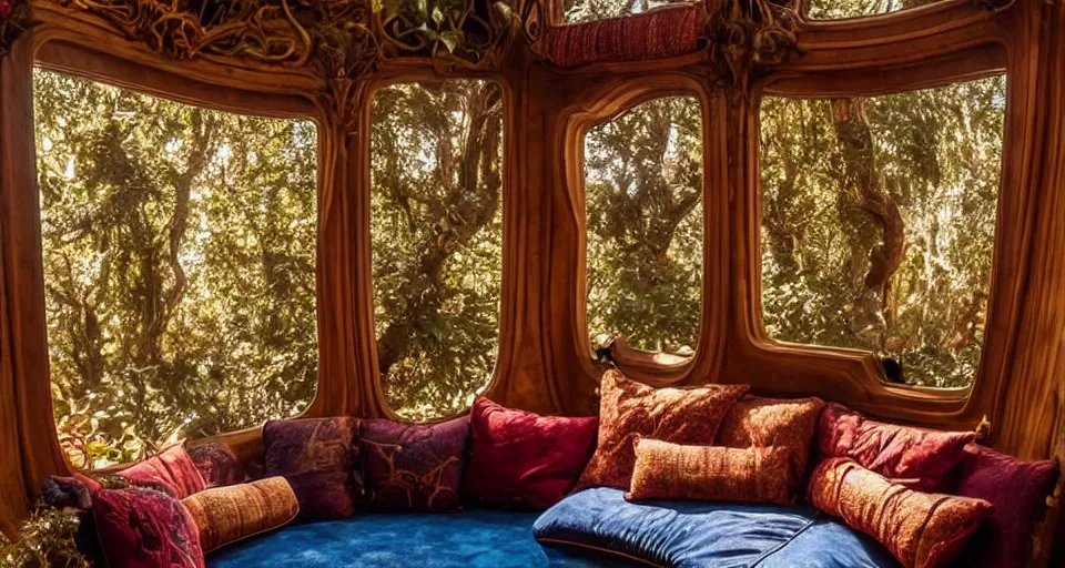 Image similar to an incredibly beautiful scene from a 2 0 2 2 marvel film featuring a cozy art nouveau reading nook in a fantasy treehouse interior. a couch with embroidered pillows. golden hour. 8 k uhd.