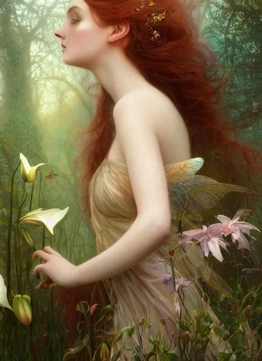 Prompt: hyper realist matte digital painting of a beautifyl fairy, resembling lily cole, in a sunlit clearing, flowers, fairytale, fantasy art, photo realistic, dynamic lighting, artstation, volumetric lighting, by mucha, by charlie bowater, by karol bak, by alma tadema