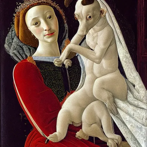 Image similar to portrait of an italian greyhound as an italian queen, holding a small person in her lap, painting by sandro botticelli