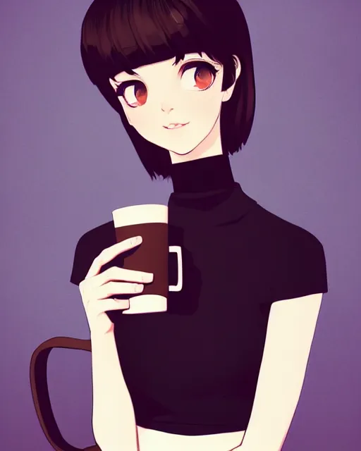 Image similar to a portait of a beautiful dark haired french girl, attractive collarbone and shoulders, holding a mug of hot tea. In the style of ilya kuvshinov, high resolution, pixiv, fanbox, skeb.jp, clipstudio, medibang, ichi-up, CGWORLD, manga cover