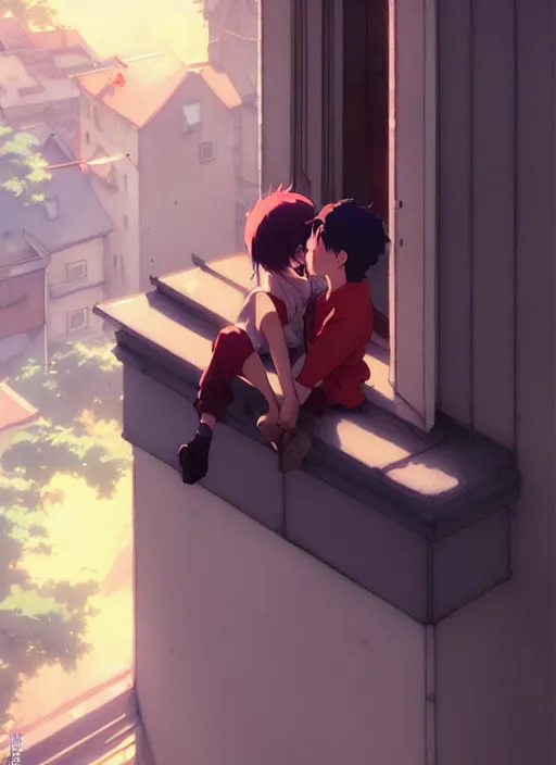 Image similar to boy kissing girl from a window. illustration concept art anime key visual trending pixiv fanbox by wlop and greg rutkowski and makoto shinkai and studio ghibli