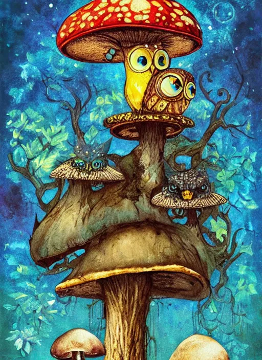 Prompt: a painting of an owl sitting on top of a mushroom, poster art by alexander jansson, behance contest winner, psychedelic art, behance hd, poster art, concert poster