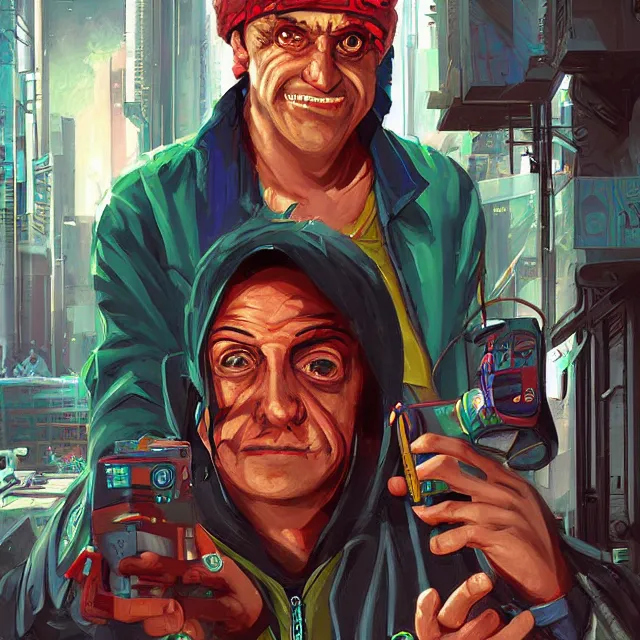 Prompt: a cyberpunk digital painting of El Chavo del Ocho Chaves by Brom