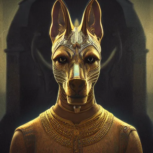 Prompt: portrait of anubis, intricate artwork, concept art, octane render, deviantart, cinematic, key art, hyperrealism, iridescent accents, portrait photograph, nikon 3 5 mm, photograph by greg rutkowski