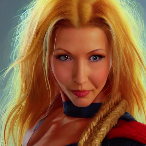 Prompt: phoebe buffay as cammy street fighter, long blonde hair, ultra realistic, concept art, intricate details, highly detailed, photorealistic, octane render, 8 k, unreal engine, art by frank frazetta, simon bisley, brom