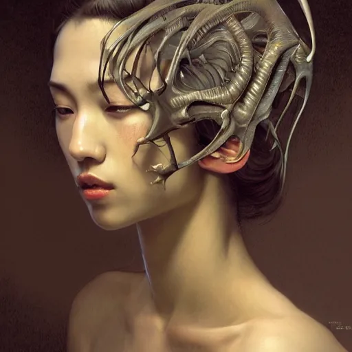 Image similar to Kiko Mizuhara, physically accurate, dynamic lighting, intricate, elegant, highly detailed, digital painting, artstation, HR GIGER, Hieronymus Bosch, Francis Bacon, concept art, smooth, sharp focus, illustration, art by artgerm and greg rutkowski and alphonse mucha