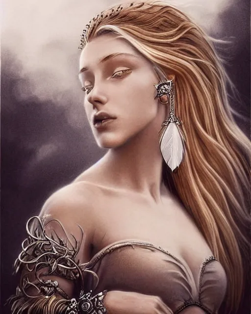 Image similar to pencil drawing of beautiful greek goddess aphrodite with arrowhead earrings and beautiful feather jewelry, beautiful piercing eyes, beautiful blonde hair flying in the wind, hyper realistic face, in the style of greg rutkowski, fantasy, amazing detail, epic, elegant, smooth, sharp focus, from the front