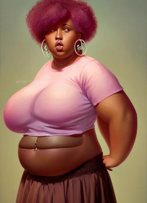 Image similar to full body portrait, teenage vanessa morgan, pink hair, brown skin, obese, curly pixie hair, sultry, realistic, short hair, hoop earrings, skirt, shirt, fat, belly, intricate, elegant, highly detailed, digital painting, artstation, concept art, smooth, sharp focus, illustration, art by wlop, mars ravelo and greg rutkowski