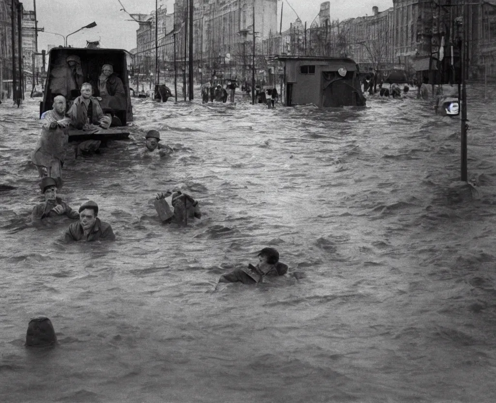 Prompt: Almost completely flooded metro wagon. Photo from inside the wagon, in the center of the frame stands one calm man up to his chest in water and looks at the camera. Warm lighting, old color photo, USSR, extremely detailed, 8k, metro, belowground