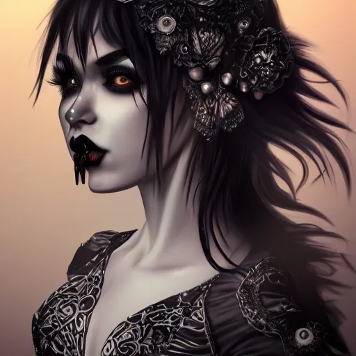 Prompt: a gothic female, wearing black lipstick and a black skirt, full body, highly detailed digital art, intricate drawing, extremely detailed face, beautiful face, beautiful aesthetic face, 8 k resolution, realistic fantasy