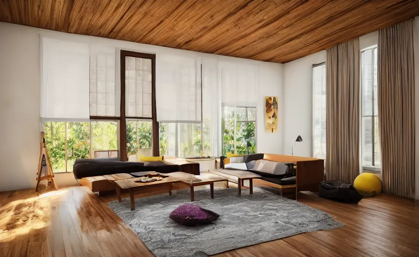 Prompt: a room with a wooden table and a big sofa and paintings on the wall, 1 9 6 0 s, high quality, 8 k, architecture, symmetrical, harmonious, complementary colors, calm, high coherence, natural lighting, path traced, highly detailed, hyperrealistic, concept art, octane render, unreal engine 5, trending on artstation, beautiful, elegant