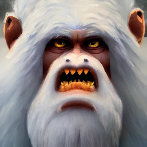 Image similar to oil painting of a yeti, a white snow primate, in style of ivan aivazovsky, expressive face, detailed face, detailed eyes, full body, feminine face, tracer overwatch, disney, pixar