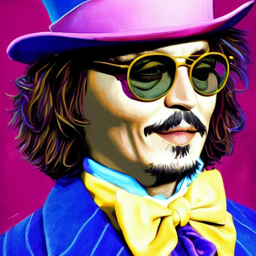 Image similar to portrait of johnny depp as willy wonka, highly detailed, centered, solid color background, digital painting