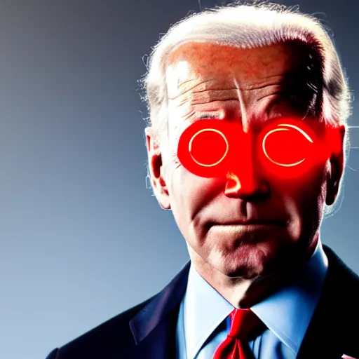 Image similar to cinematic portrait of joe biden with glowing red eyes wearing futuristic armor, black background, dramatic,