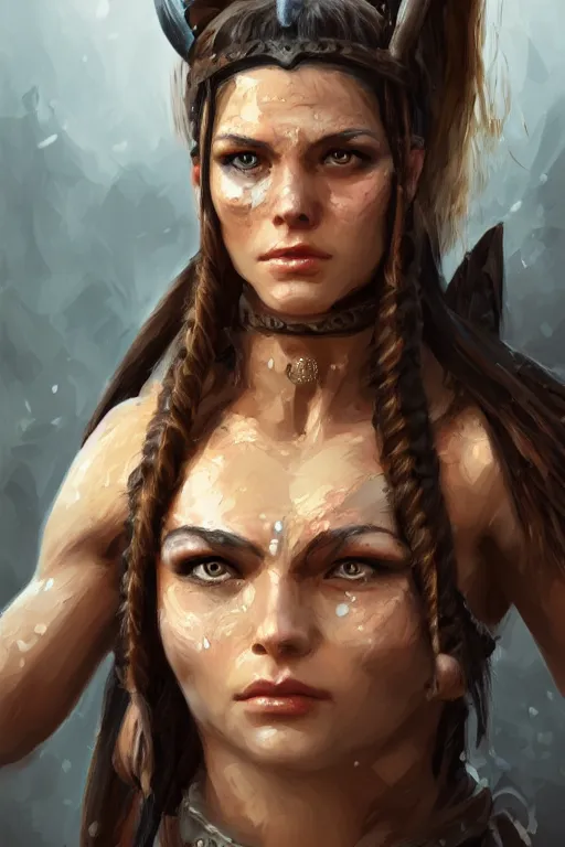 Image similar to head and shoulders portrait of a barbarian female, ultra sharp, very detailed, high quality focus by wlop