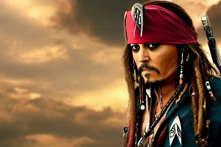 Image similar to captain jack sparrow as the captain of the starship enterprise, movie still, from the new star trek movie, 8 k, hd, in the style of michael bay