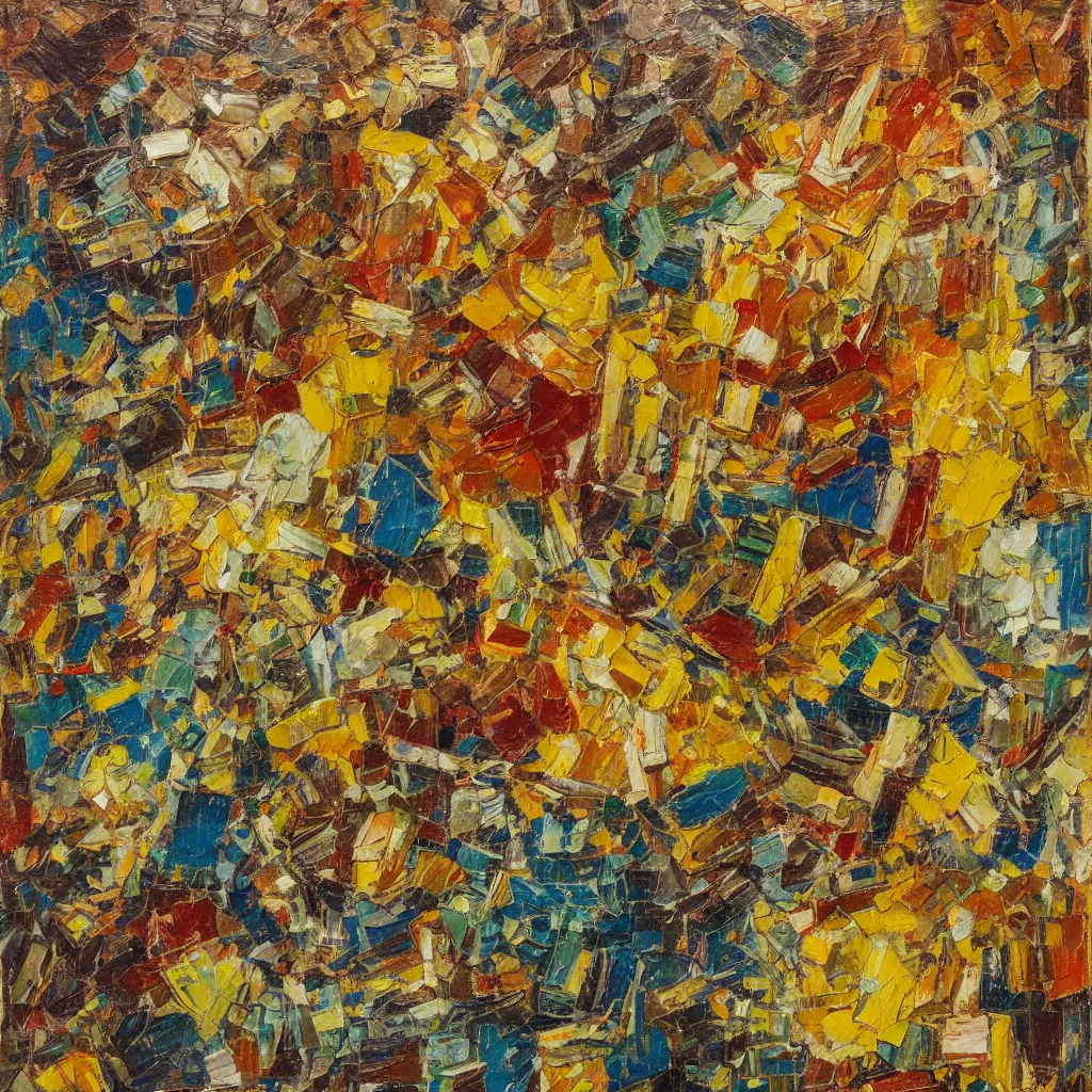 Image similar to oil paint impasto relief, beautiful cubes, sheets and pyramids, multi layered thick brush marks, some splattered paint, in the style of ivan shishkin and frank auerbach and van gogh
