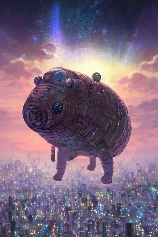 Image similar to a giant cosmic tardigrade!!! descending on the tokyo!!! skyline at sunset, unreal engine, 4 k, illustration, comprehensive art, thorough details, intricate, artstation atmosphere, highly detailed, concept art, greg rutkowski, digital painting, studio ghibli, takashi murakami, gregory crewdson cinematic lighting, 4 k