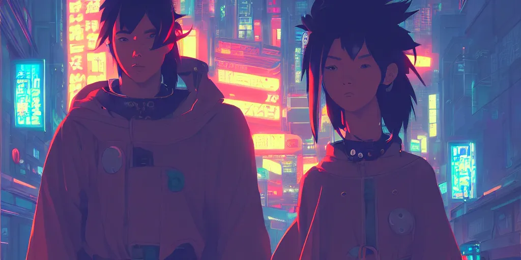 Image similar to digital illustration closeup portrait of cyberpunk samurai in city street at night by makoto shinkai, ilya kuvshinov, lois van baarle, rossdraws, basquiat | afrofuturism, in the style of hearthstone, hero pose, trending on artstation | cool color scheme